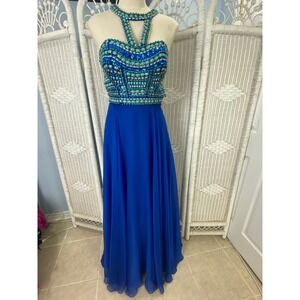 Rachel Allan Royal‎ Blue Beaded Prom Gown Cutout Back Formal Dress Size 8